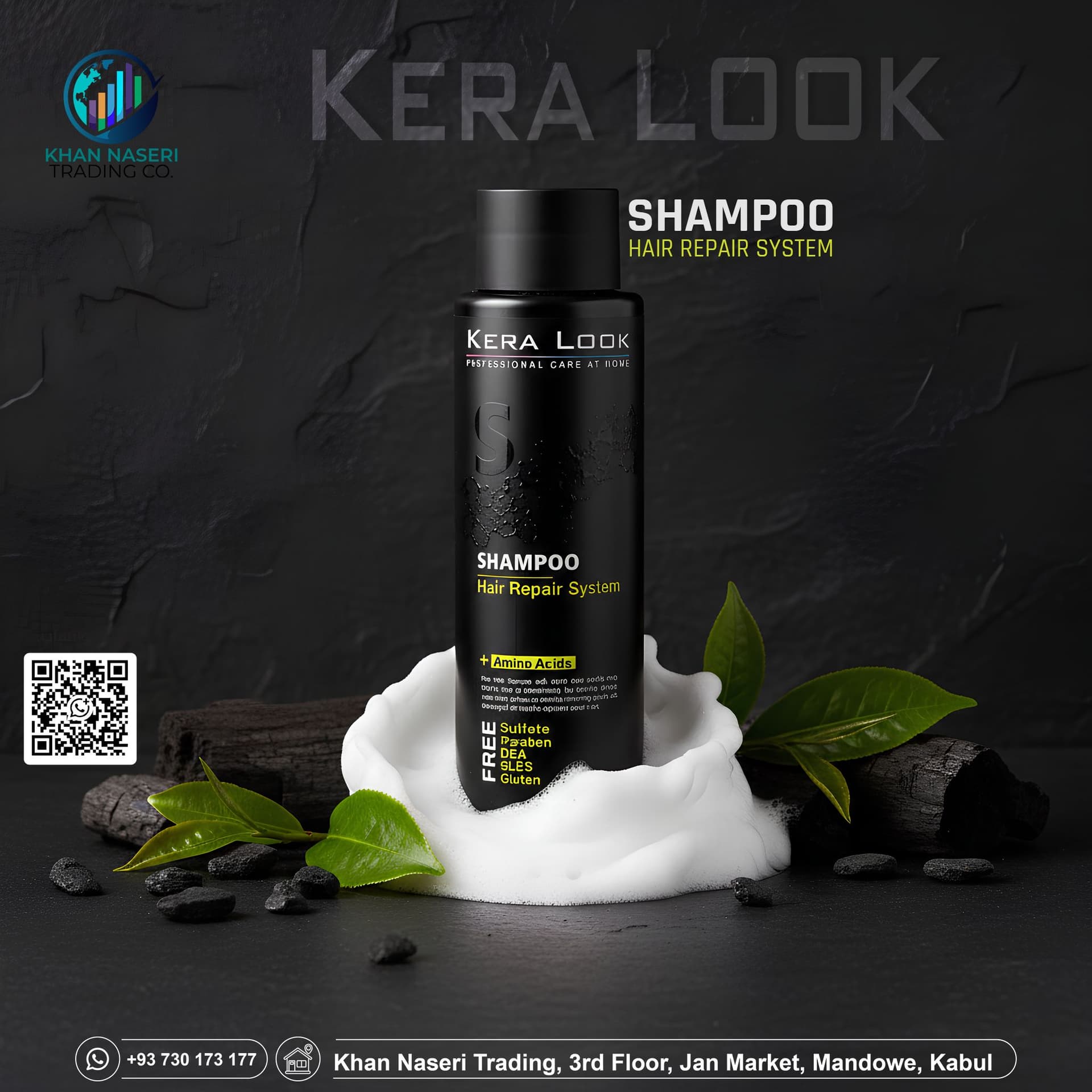 KERA LOOK Shampoo on dark slate with green tea leaves