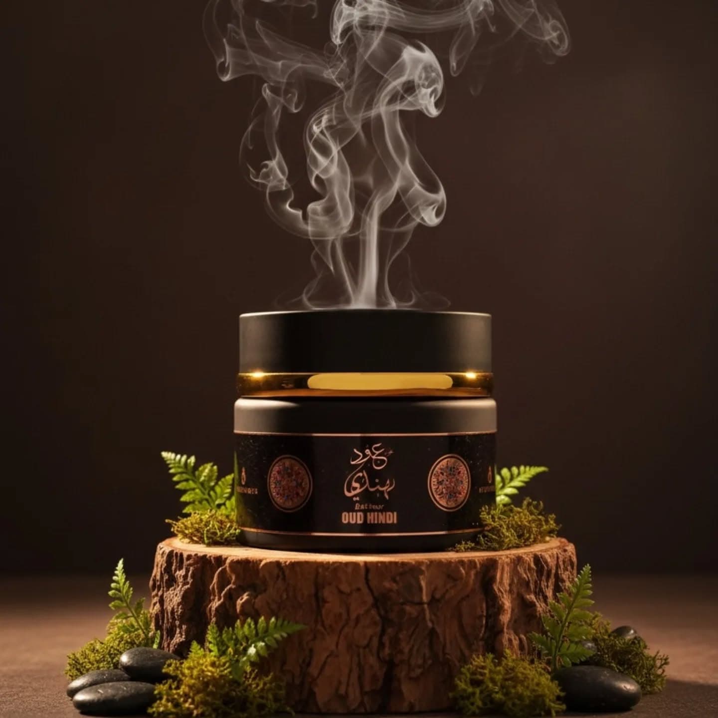 Oud Hindi bakhoor incense in black and gold jar