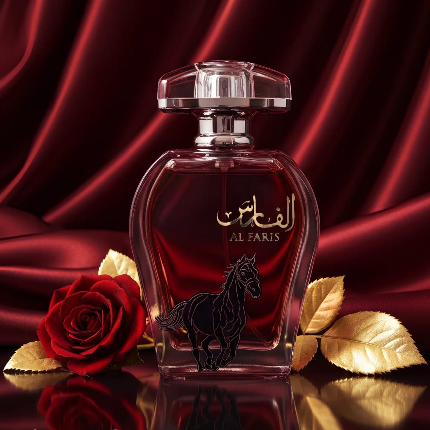 Al Faris perfume on red satin backdrop with rose