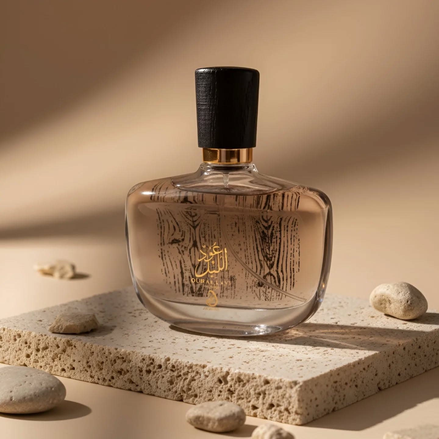 Oud Al Layl perfume on travertine stone slab