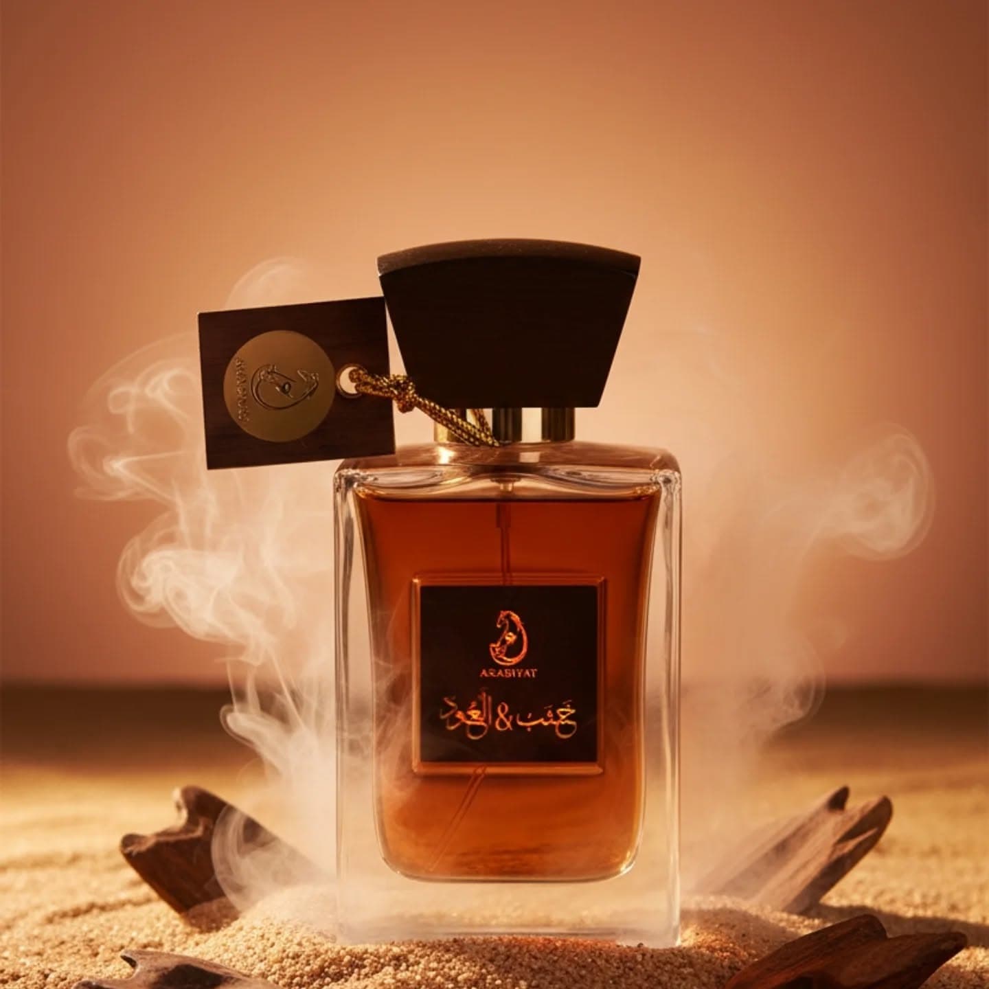 Arabiyat Khashab and Oud perfume in sand setting