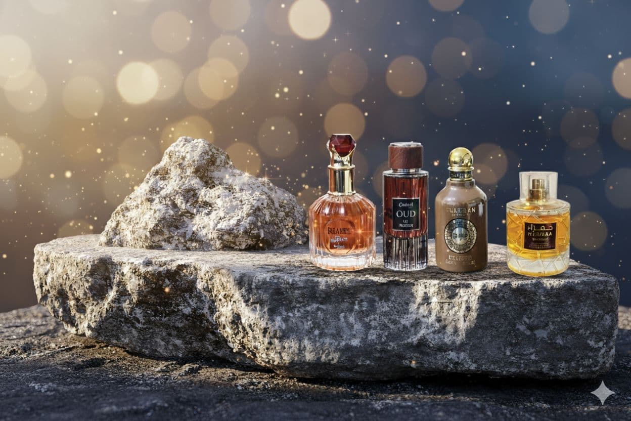 Luxury fragrance collection on stone display with bokeh lights