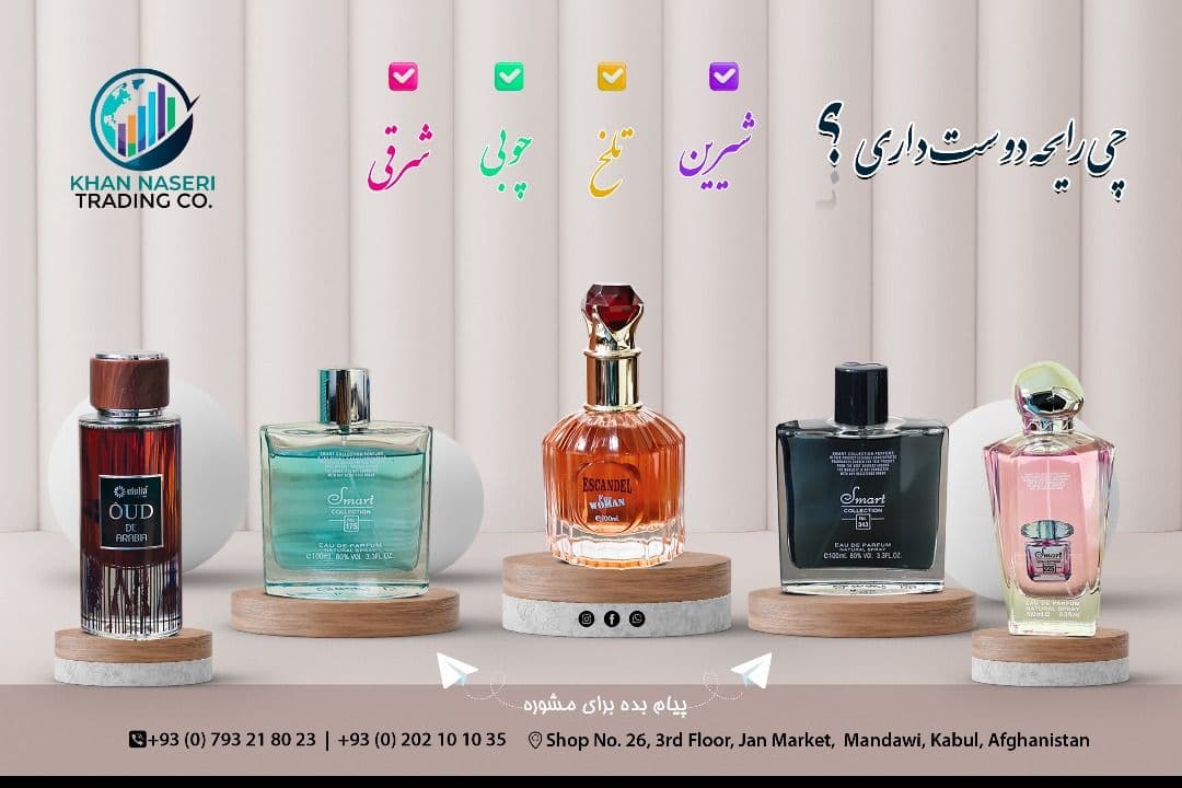 Khan Naseri Trading fragrance variety — five perfume types